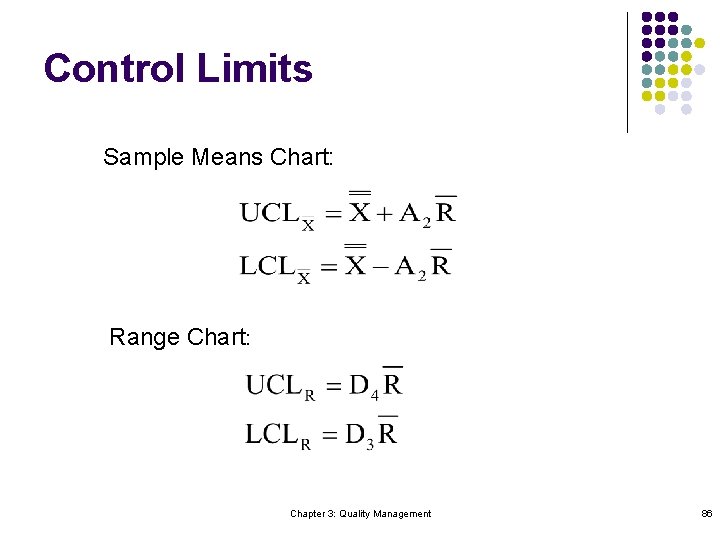 Control Limits Sample Means Chart: Range Chart: Chapter 3: Quality Management 86 