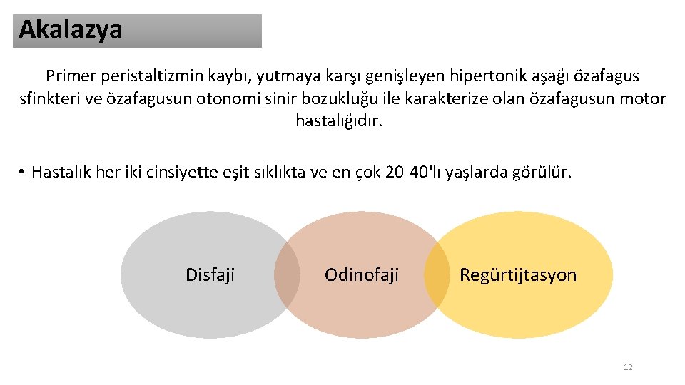Akalazya Primer peristaltizmin kaybı, yutmaya karşı genişleyen hipertonik aşağı özafagus sfinkteri ve özafagusun otonomi