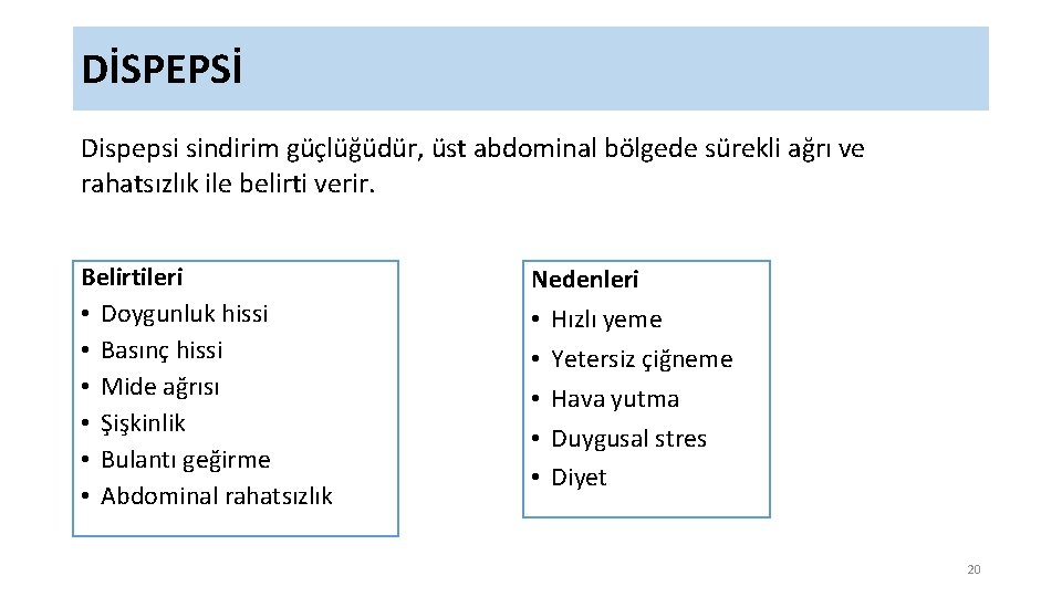 DİSPEPSİ Dispepsi sindirim güçlüğüdür, üst abdominal bölgede sürekli ağrı ve rahatsızlık ile belirti verir.