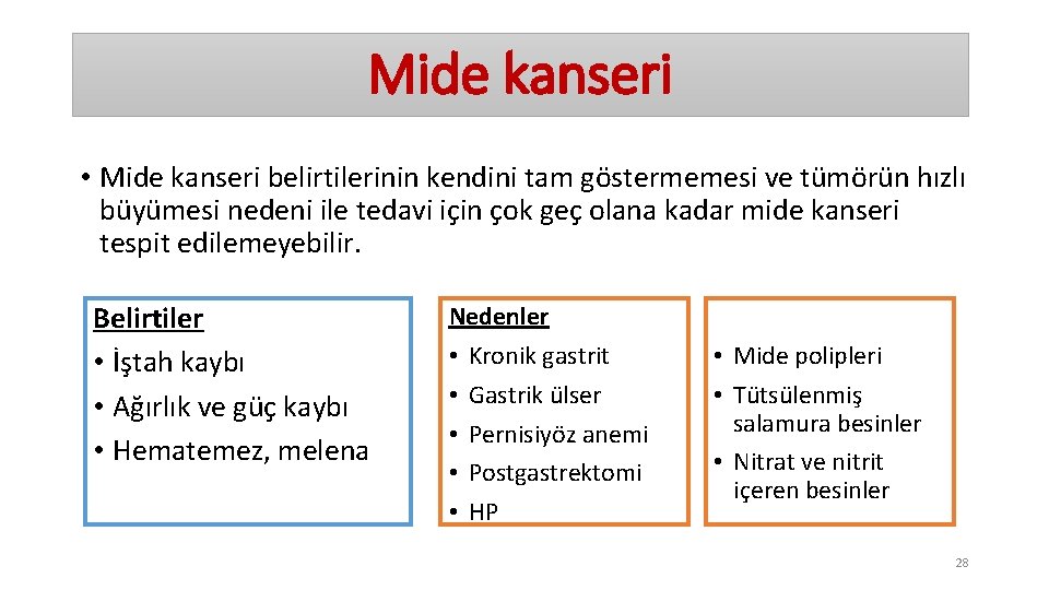 Mide kanseri • Mide kanseri belirtilerinin kendini tam göstermemesi ve tümörün hızlı büyümesi nedeni