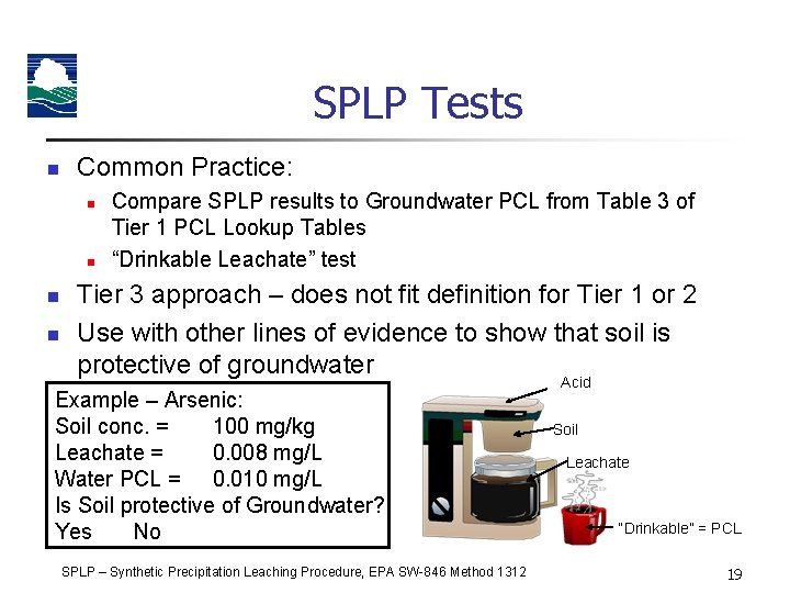 SPLP Tests n Common Practice: n n Compare SPLP results to Groundwater PCL from