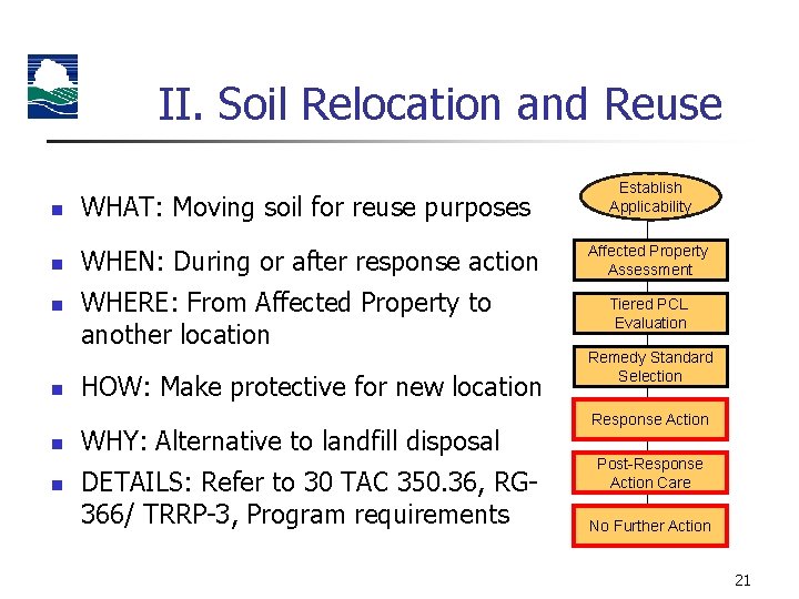 II. Soil Relocation and Reuse n n n WHAT: Moving soil for reuse purposes