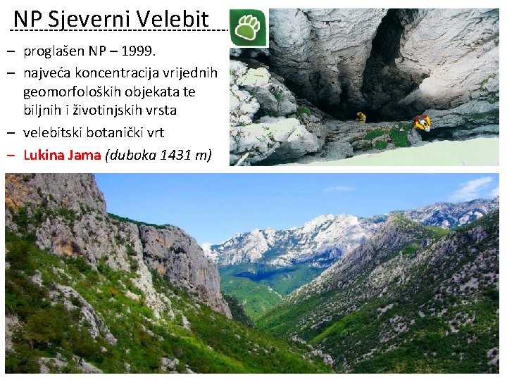 NP Sjeverni Velebit ‒ proglašen NP – 1999. ‒ najveća koncentracija vrijednih geomorfoloških objekata