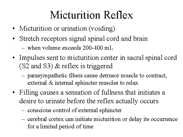 Micturition Reflex • Micturition or urination (voiding) • Stretch receptors signal spinal cord and