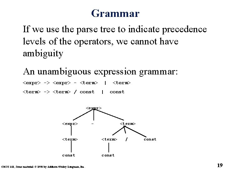 Grammar If we use the parse tree to indicate precedence levels of the operators,