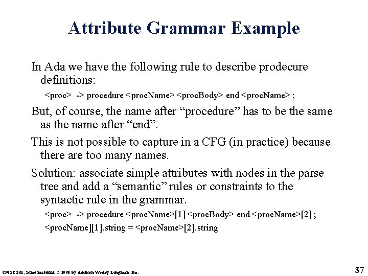 Attribute Grammar Example In Ada we have the following rule to describe prodecure definitions: