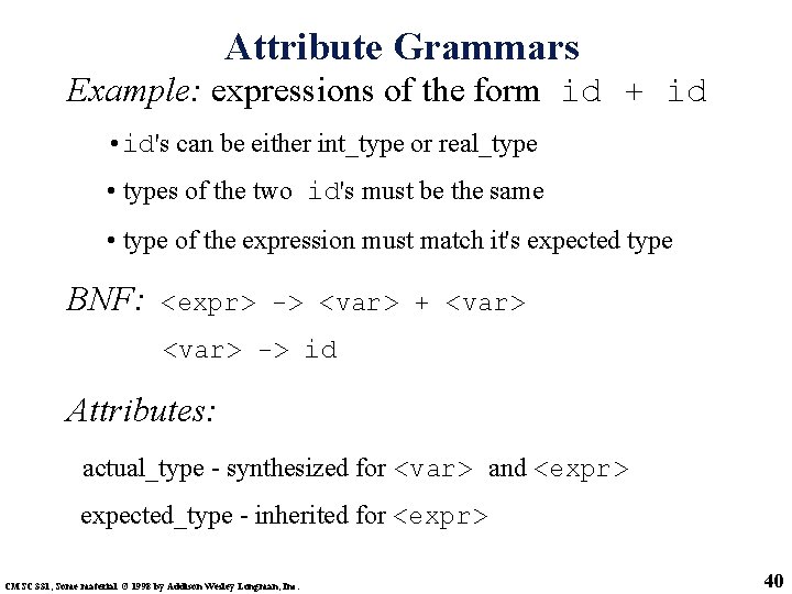 Attribute Grammars Example: expressions of the form id + id • id's can be