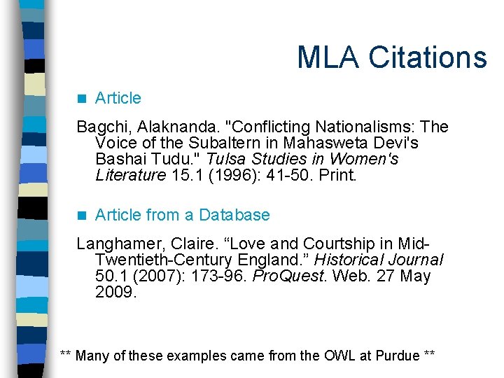 MLA Citations n Article Bagchi, Alaknanda. "Conflicting Nationalisms: The Voice of the Subaltern in