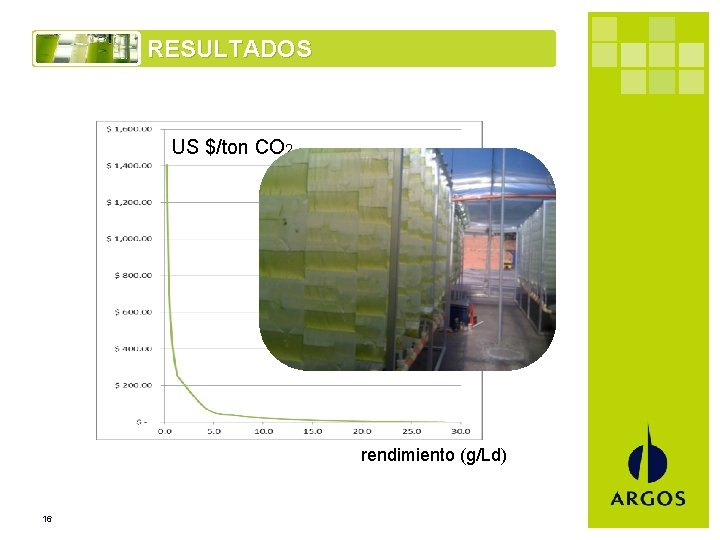 RESULTADOS US $/ton CO 2 rendimiento (g/Ld) 16 