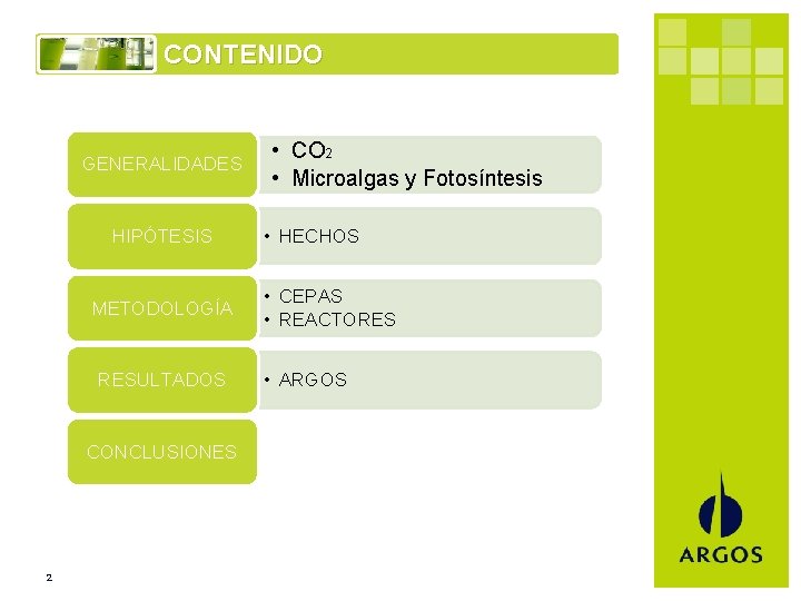 CONTENIDO GENERALIDADES HIPÓTESIS METODOLOGÍA RESULTADOS CONCLUSIONES 2 • CO 2 • Microalgas y Fotosíntesis