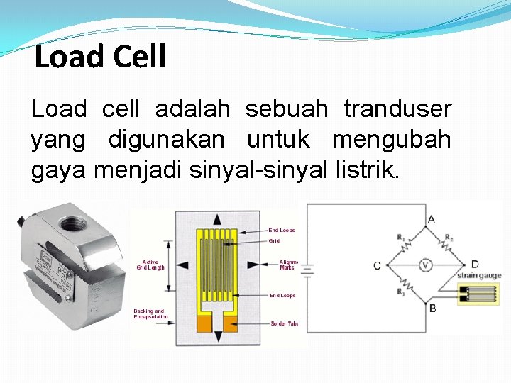Load Cell Load cell adalah sebuah tranduser yang digunakan untuk mengubah gaya menjadi sinyal-sinyal