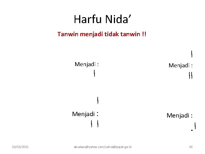 Harfu Nida’ Tanwin menjadi tidak tanwin !! Menjadi : ﺍ ﺍ Menjadi : ﺍﺍ