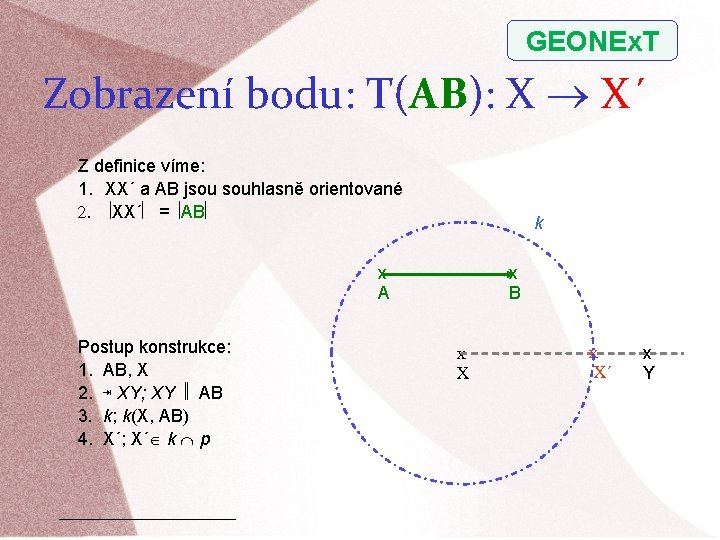 GEONEx. T Zobrazení bodu: T(AB): X X´ Z definice víme: 1. XX´ a AB