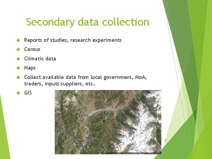 Secondary data collection Reports of studies, research experiments Census Climatic data Maps Collect available