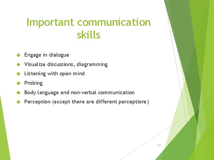 Important communication skills Engage in dialogue Visualize discussions, diagramming Listening with open mind Probing