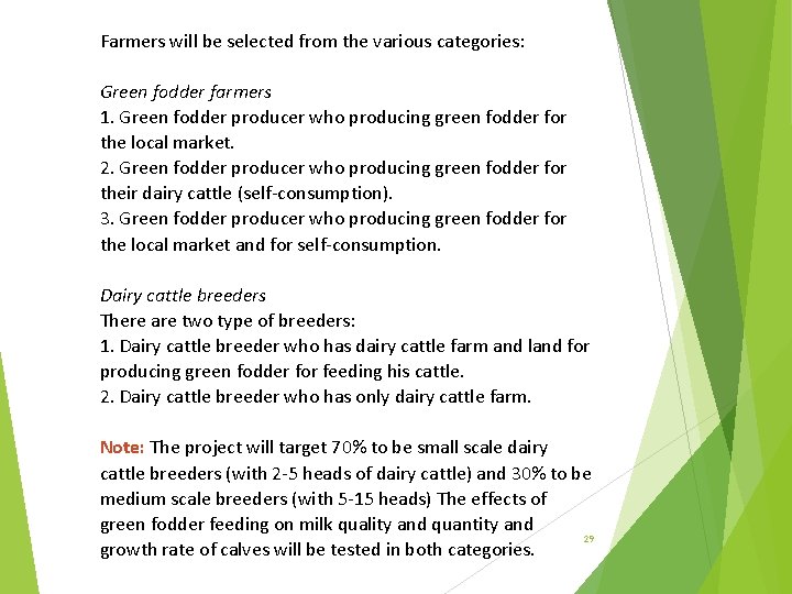 Farmers will be selected from the various categories: Green fodder farmers 1. Green fodder