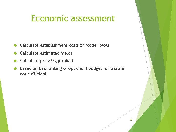 Economic assessment Calculate establishment costs of fodder plots Calculate estimated yields Calculate price/kg product