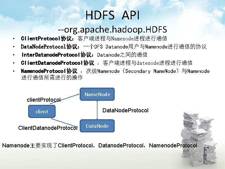 HDFS API • • • --org. apache. hadoop. HDFS Client. Protocol协议：客户端进程与Namenode进程进行通信 Data. Node. Protocol协议：一个DFS