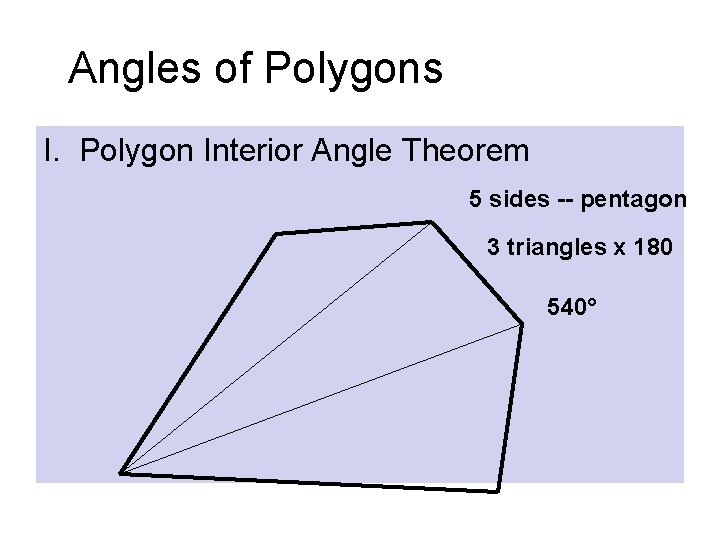 Angles of Polygons I. Polygon Interior Angle Theorem 5 sides -- pentagon 3 triangles Angles of Polygons I. Polygon Interior Angle Theorem 5 sides -- pentagon 3 triangles