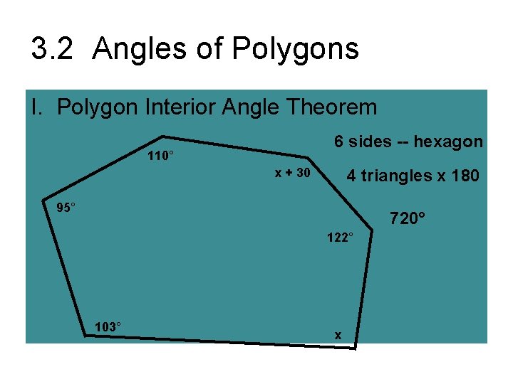 3. 2 Angles of Polygons I. Polygon Interior Angle Theorem 6 sides -- hexagon