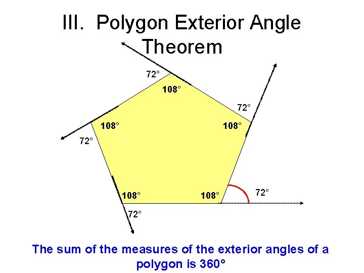 III. Polygon Exterior Angle Theorem 72° 108° 72° 108° 72° The sum of the