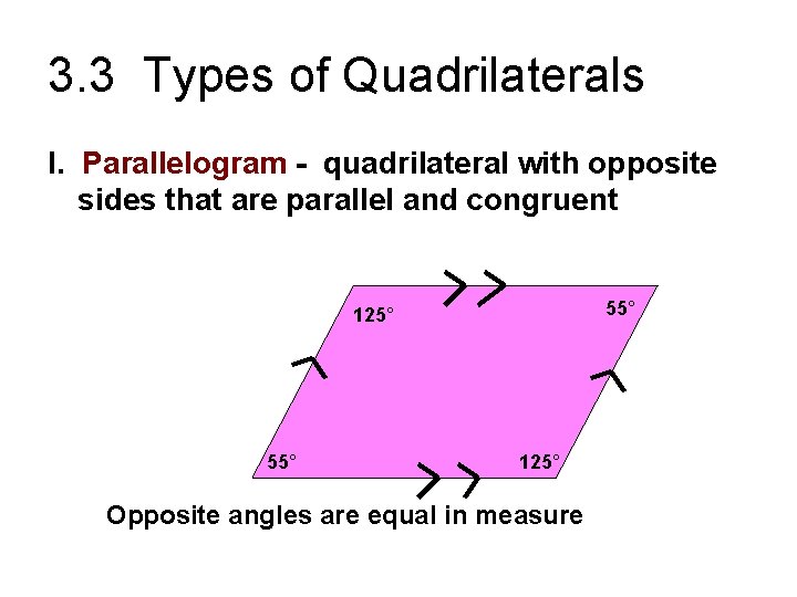 3. 3 Types of Quadrilaterals I. Parallelogram - quadrilateral with opposite sides that are