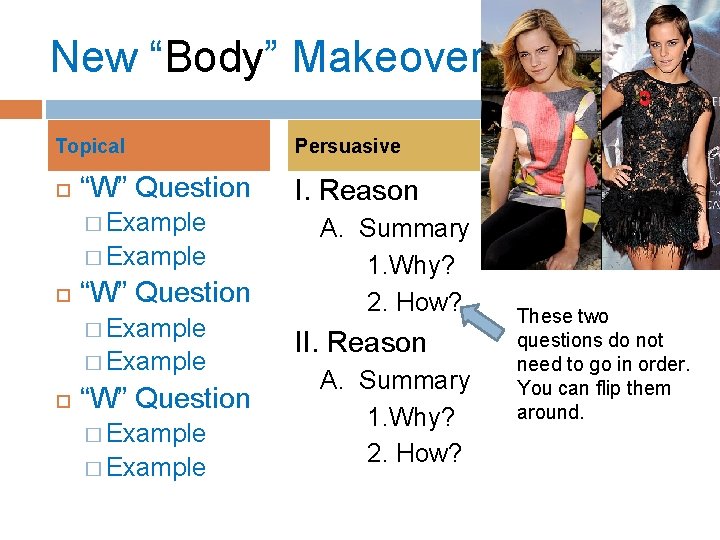 New “Body” Makeover Topical “W” Question � Example “W” Question � Example Persuasive I.