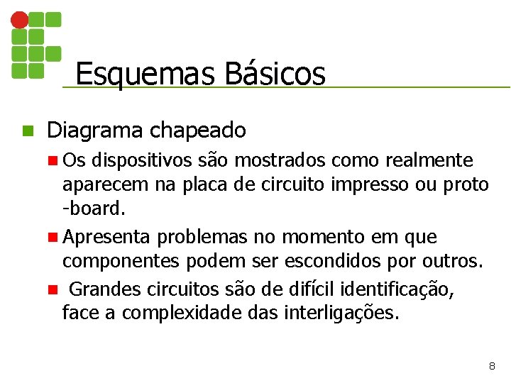 Esquemas Básicos n Diagrama chapeado n Os dispositivos são mostrados como realmente aparecem na