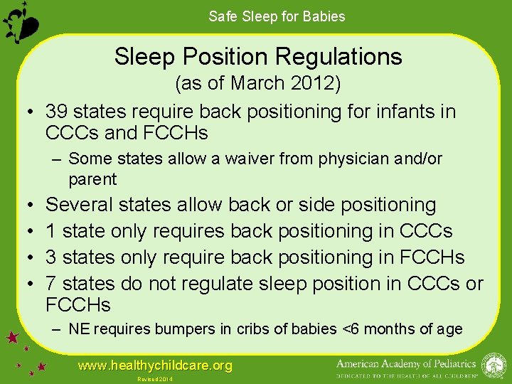 Safe Sleep for Babies Sleep Position Regulations (as of March 2012) • 39 states