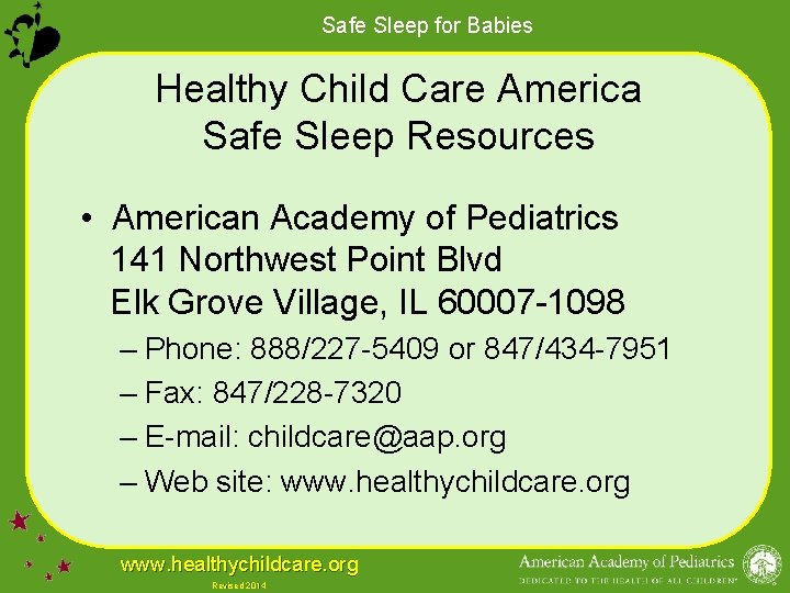 Safe Sleep for Babies Healthy Child Care America Safe Sleep Resources • American Academy