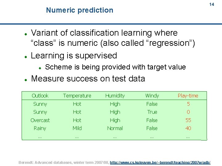 14 Numeric prediction Variant of classification learning where “class” is numeric (also called “regression”)