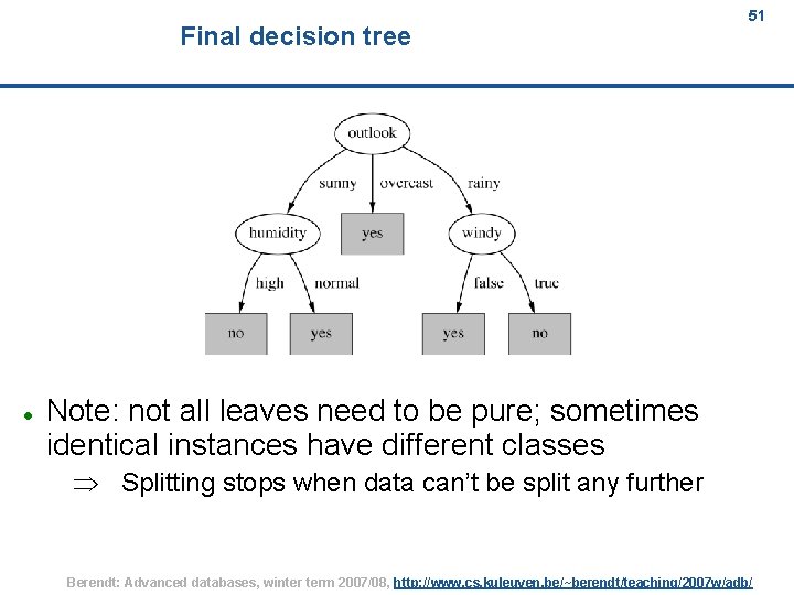 Final decision tree 51 Note: not all leaves need to be pure; sometimes identical