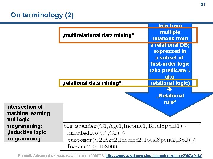 61 On terminology (2) „multirelational data mining“ „relational data mining“ Intersection of machine learning