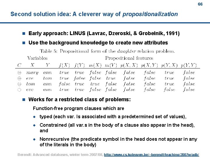 66 Second solution idea: A cleverer way of propositionalization n Early approach: LINUS (Lavrac,