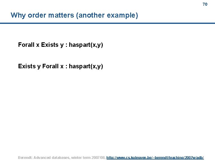 70 Why order matters (another example) Forall x Exists y : haspart(x, y) Exists