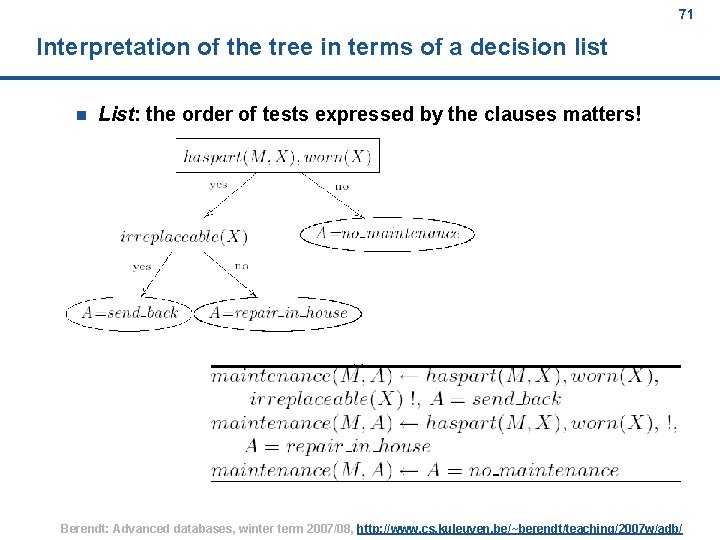 71 Interpretation of the tree in terms of a decision list n List: the