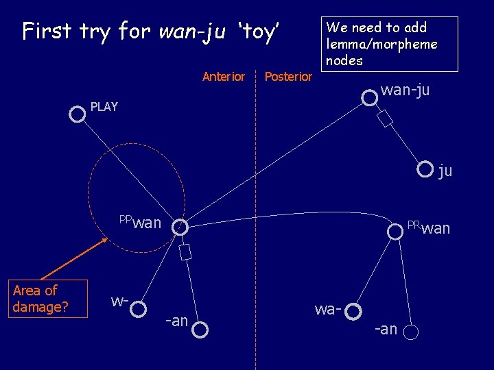 First try for wan-ju ‘toy’ Anterior Posterior We need to add lemma/morpheme nodes wan-ju