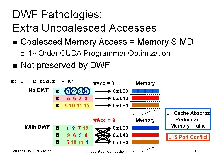 DWF Pathologies: Extra Uncoalesced Accesses n Coalesced Memory Access = Memory SIMD q n