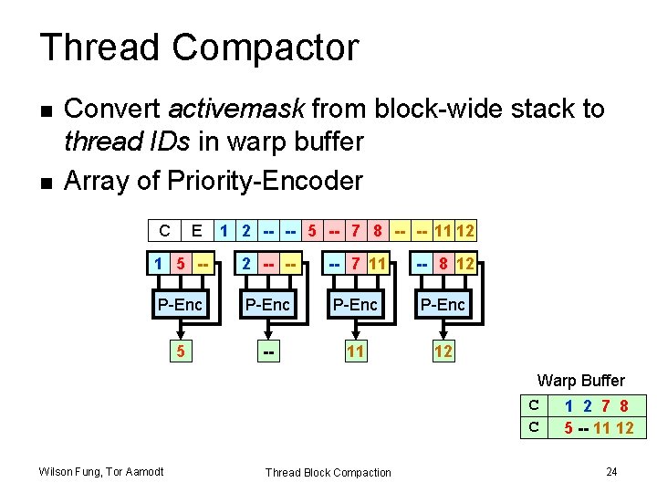 Thread Compactor n n Convert activemask from block-wide stack to thread IDs in warp