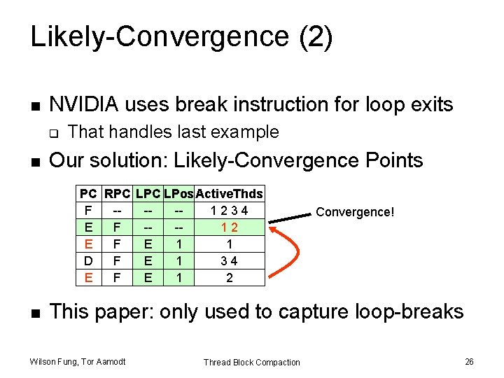 Likely-Convergence (2) n NVIDIA uses break instruction for loop exits q n That handles