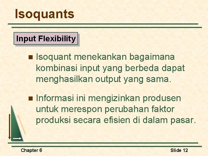 Isoquants Input Flexibility n Isoquant menekankan bagaimana kombinasi input yang berbeda dapat menghasilkan output