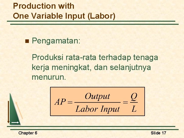 Production with One Variable Input (Labor) n Pengamatan: Produksi rata-rata terhadap tenaga kerja meningkat,