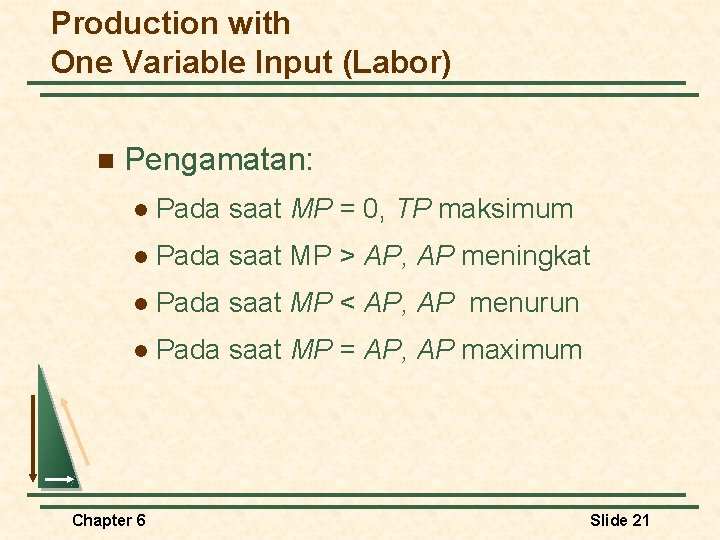 Production with One Variable Input (Labor) n Pengamatan: l Pada saat MP = 0,