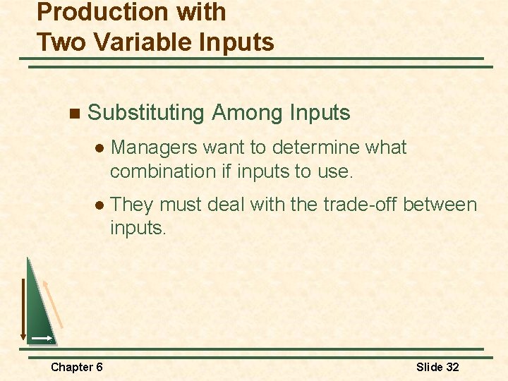 Production with Two Variable Inputs n Substituting Among Inputs l Managers want to determine