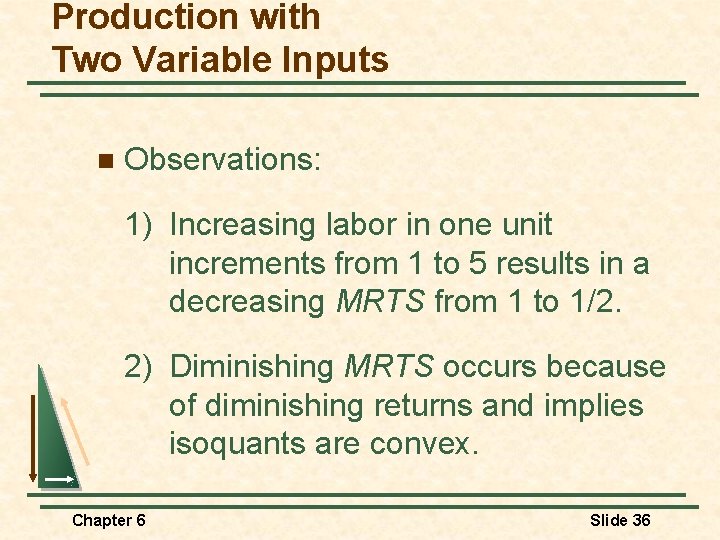 Production with Two Variable Inputs n Observations: 1) Increasing labor in one unit increments