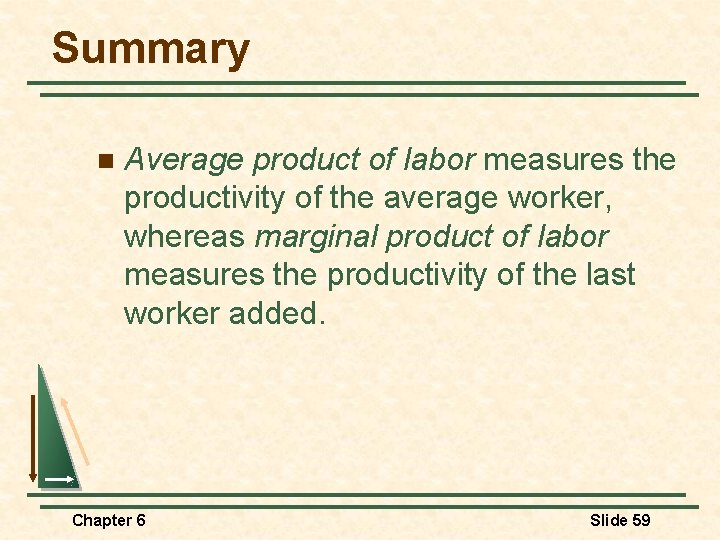 Summary n Average product of labor measures the productivity of the average worker, whereas