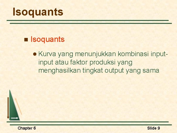 Isoquants n Isoquants l Kurva yang menunjukkan kombinasi input atau faktor produksi yang menghasilkan