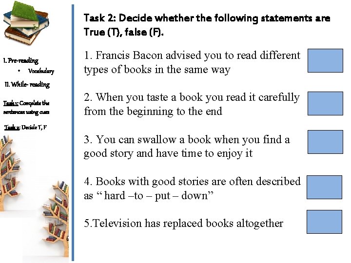 Task 2: Decide whether the following statements are True (T), false (F). I. Pre-reading