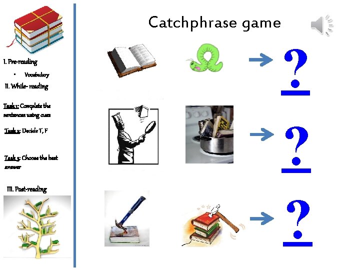 Catchphrase game I. Pre-reading • Vocabulary II. While- reading Task 1: Complete the sentences