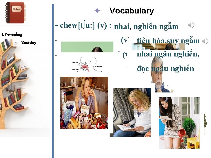 Vocabulary - chew[t∫u: ] (v) : nhai, nghiền ngẫm I. Pre-reading • Vocabulary -